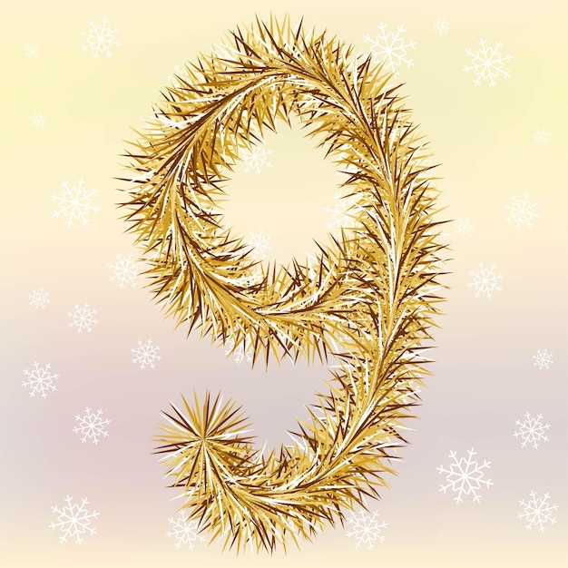 Lettrage de Noël numéro 9 avec un effet de texte de fourrure ou de guirlande sur fond flou jaune et rose