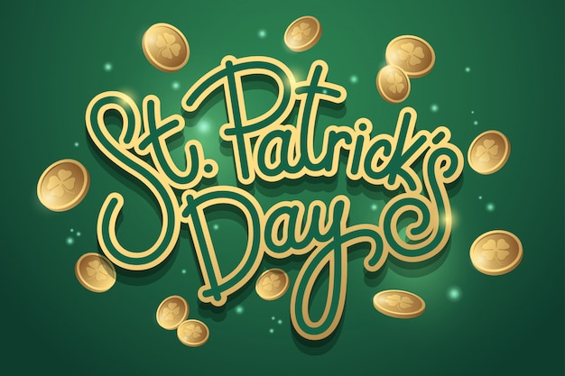 Vecteur lettrage saint patricks day avec des pièces d'or sur vert