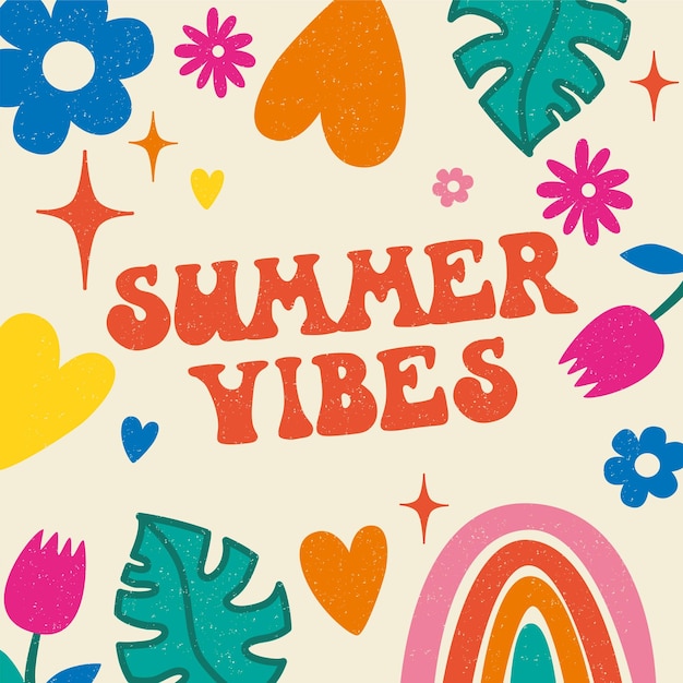 Lettrage De Style Hippie Avec éléments Hippie Summer Vibes Illustration Vectorielle