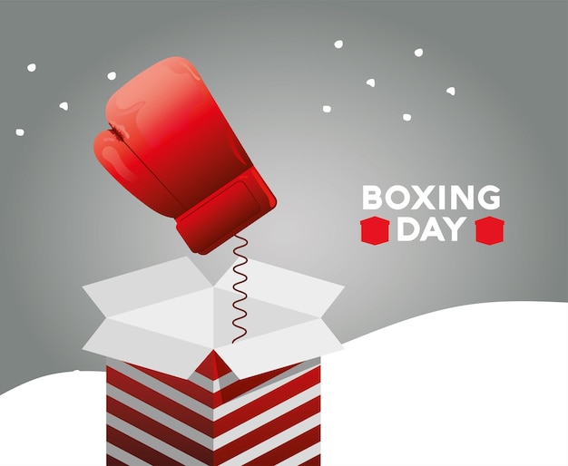 Lettrage de vente de boxe day avec boîte surprise et illustration de saut de gant