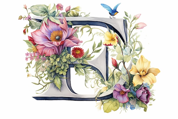 Vecteur lettre d'alphabet floral avec aquarelle fleurs bleu marine et feuilles monogramme des initiales parfaitement