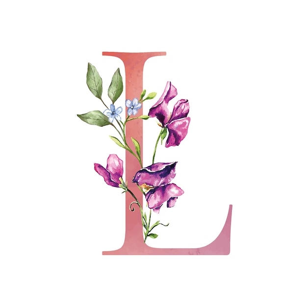 Lettre d'alphabet floral avec bouquet botanique Wedding aquarelle invitations peintes à la main marguerites pois sucrés herbes fleurs de prairie carte de vœux affiche de logo d'anniversaire