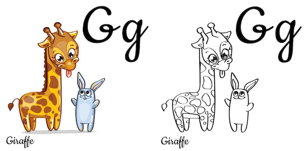 Lettre De L'alphabet G Pour L'éducation Des Enfants Avec La Girafe Et Le Lapin De Dessin Animé Drôle. Isolé. Apprendre à Lire. Coloriage.