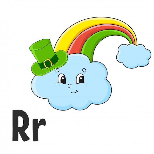 Lettre De L'alphabet R. Rainbow In Hat. Cartes Flash Abc. Personnage Mignon De Dessin Animé Isolé Sur Blanc