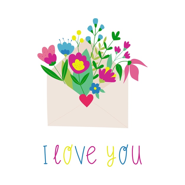 Lettre d'amour avec un bouquet de fleurs je t'aime Vector illustration plate