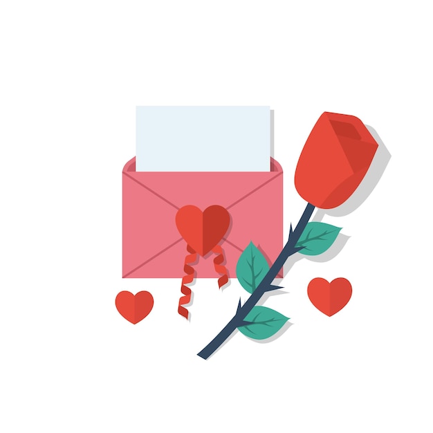Lettre d'amour dans une enveloppe avec espace pour le texte et une rose rouge isolée sur fond blanc papier blanc ...