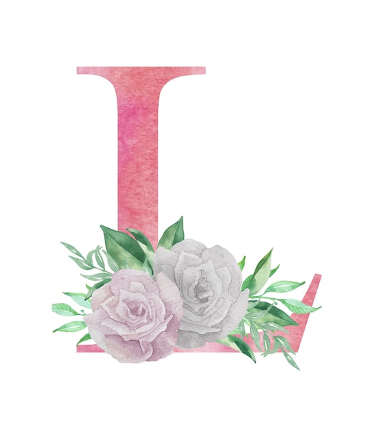 Lettre aquarelle L avec fleurs et feuilles Lettre majuscule rose floral L pour les invitations de mariage