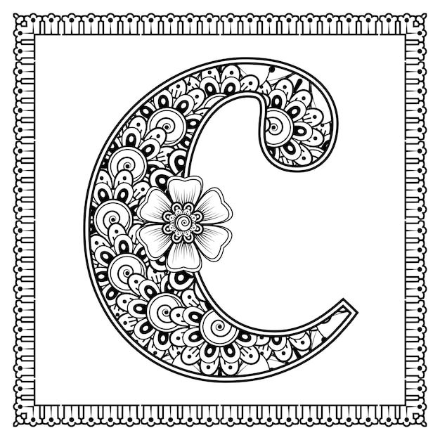 Lettre C Faite De Fleurs Dans Le Style Mehndi Livre De Coloriage Page Contour Handdraw Illustration Vectorielle