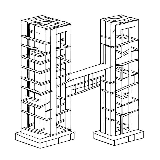 Vecteur lettre h fabriquée à partir de barres d'acier de construction illustration vectorielle de ligne
