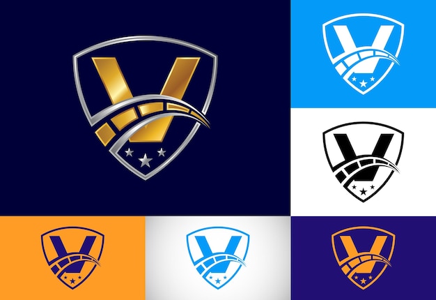 Lettre initiale du monogramme V avec compteur de vitesse et signe de bouclier Le concept de conception de logo automobile
