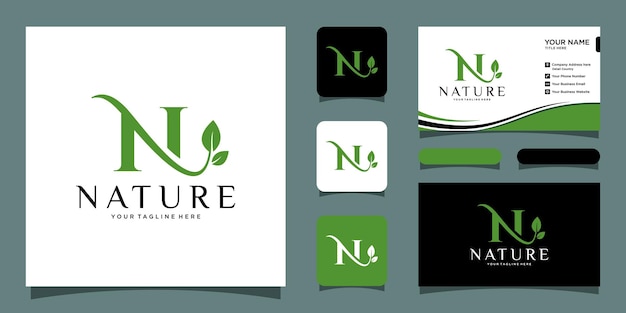 Lettre Initiale N Avec Logo De Luxe Feuille. Logo De Feuille Verte Avec Un Design De Carte De Visite Vecteur Premium