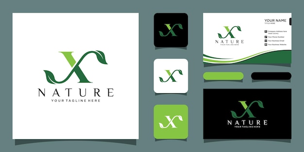 Lettre Initiale X Avec Logo De Luxe Feuille. Logo De Feuille Verte Avec Un Design De Carte De Visite Vecteur Premium