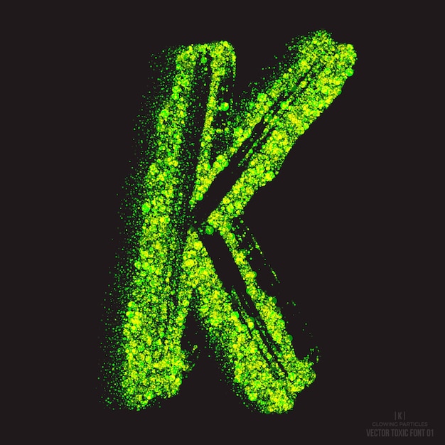 Lettre K Effet De Texte Toxique Grunge. Acide Font Abstract Glowing Bright Green Color Particules Isolées Sur Fond Noir. Déchet Radioactif. Horreur Zombie Apocalypse. élément De Conception De Symbole De Flamme Verte