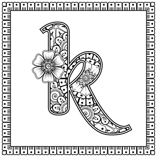 Lettre K Faite De Fleurs Dans Le Style Mehndi Livre De Coloriage Page Contour Handdraw Vector Illustration