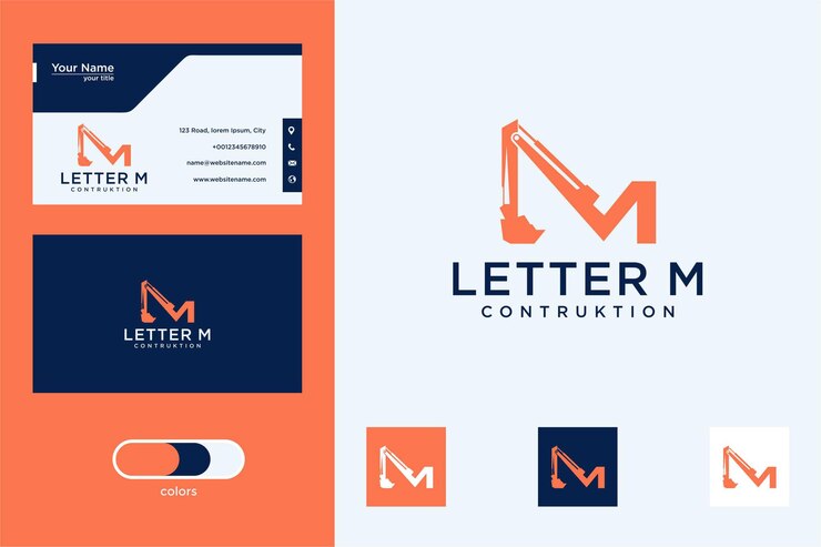 lettre m avec création de logo d'équipement lourd et carte de visite