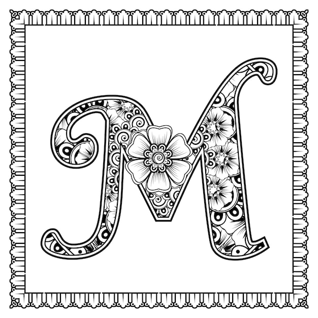 Lettre M Faite De Fleurs Dans Le Style Mehndi Livre De Coloriage Page Contour Handdraw Vector Illustration