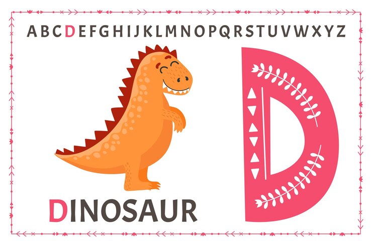 Lettre majuscule D de l'alphabet anglais enfantin avec mignon bébé dinosaure orange Police pour enfants avec animal drôle pour l'éducation maternelle et préscolaire Illustration vectorielle plane dessinée à la main isolée sur blanc