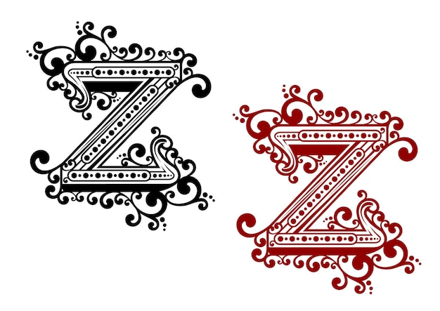 Vecteur la lettre majuscule calligraphique décorative z ornait des fioritures, des tourbillons et des fioritures dans des variations rouges et noires pour la conception de monogrammes ou de cartes de vœux