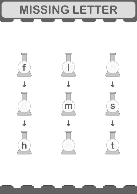 Lettre manquante avec la feuille de calcul de la fiole Erlenmeyer pour les enfants