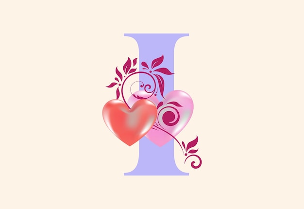 Vecteur lettre monogramme i floral avec signe de coeur alphabet initial avec éléments botaniques