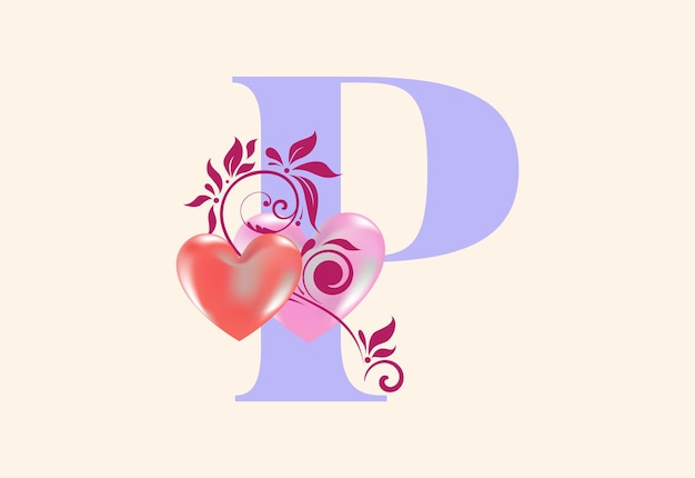 Vecteur lettre de monogramme p floral avec signe de coeur alphabet initial avec éléments botaniques