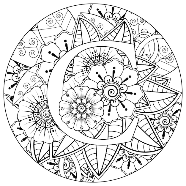 Vecteur lettre a avec motif de fleurs carrées de contour dans le style mehndi pour l'ornement de doodle de page de livre de coloriage en illustration de tirage à la main noir et blanc