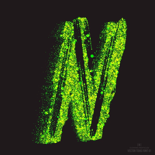 Lettre N Effet De Texte Toxique Grunge. Acide Font Abstract Glowing Bright Green Color Particules Isolées Sur Fond Noir. Déchet radioactif. Horreur Zombie Apocalypse. Élément de conception de symbole de flamme verte