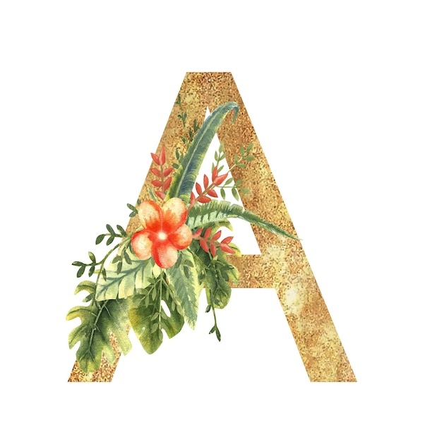 Lettre D'or A De L'alphabet Anglais Avec Un Bouquet Aquarelle De Feuilles Tropicales Et De Fleurs Han