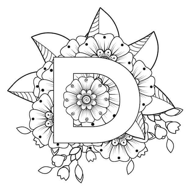 Lettre D Avec Ornement Décoratif De Fleur De Mehndi Dans La Page De Livre De Coloriage De Style Oriental Ethnique