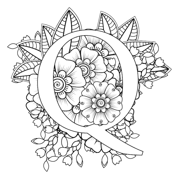 Lettre Q avec ornement décoratif de fleur de Mehndi dans la page de livre de coloriage de style oriental ethnique