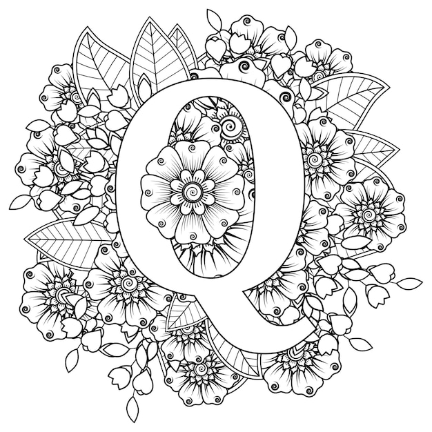 Lettre Q Avec Ornement Décoratif De Fleur De Mehndi Dans La Page De Livre De Coloriage De Style Oriental Ethnique