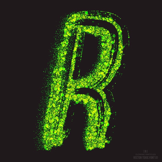 Lettre R Grunge Effet De Texte Toxique. Acide Font Abstract Glowing Bright Green Color Particules Isolées Sur Fond Noir. Déchet radioactif. Horreur Zombie Apocalypse. Élément de conception de symbole de flamme verte