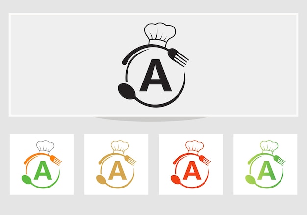 Lettre A Restaurant Logo Avec Toque, Cuillère Et Symbole De Fourchette