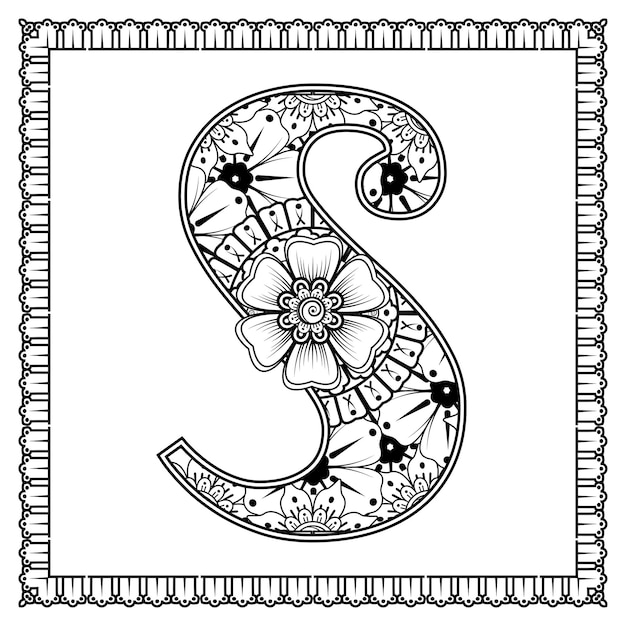 Lettre S Faite De Fleurs Dans Le Style Mehndi Livre De Coloriage Page Contour Handdraw Illustration Vectorielle