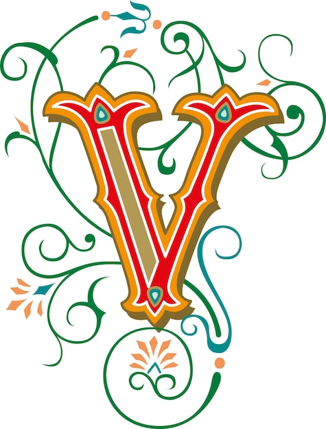 Vecteur lettre v monogramme floral. ornement vintage coloré style de défilement en spirale de l'alphabet initial.