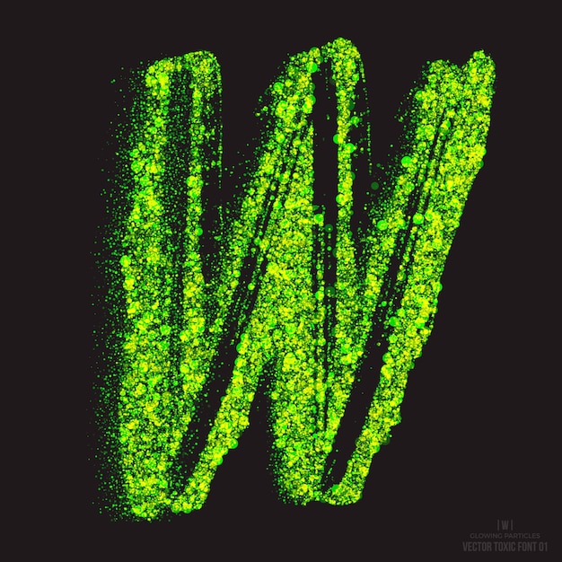 Lettre W Grunge Effet De Texte Toxique. Acide Font Abstract Glowing Bright Green Color Particules Isolées Sur Fond Noir. Déchet radioactif. Horreur Zombie Apocalypse. Élément de conception de symbole de flamme verte