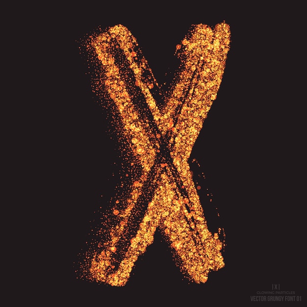 Lettre X Fire Burning Text Effect élément De Conception De Police Sur Fond Noir. Brillant Doré Shimmer Scatter Particules Flamme Rougeoyant Symbole