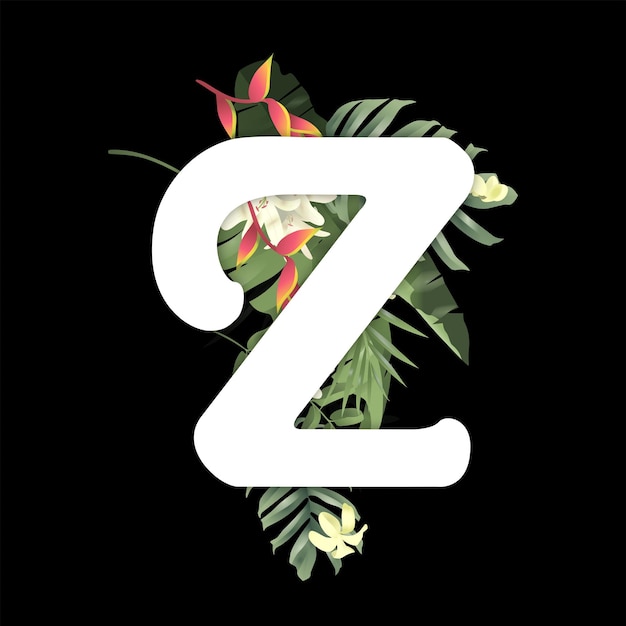 Vecteur la lettre z est décorée de jolies fleurs sur un fond noir