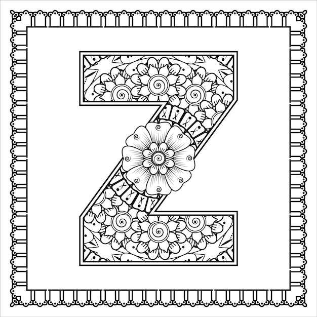 Lettre Z Faite De Fleurs Dans Le Style Mehndi Livre De Coloriage Page Contour Handdraw Illustration Vectorielle