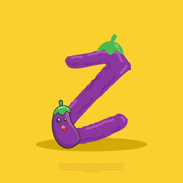 Lettre Z avec une jolie aubergine assise à côté d'elle vecteur de conception plate