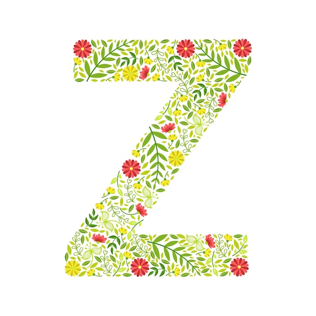 Vecteur lettre z majuscule élément d'alphabet floral vert police lettre majuscule faite de feuilles et de fleurs motif illustration vectorielle