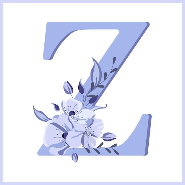 Vecteur la lettre z ornée de fleurs et de feuilles aux couleurs lilas délicates logo d'illustration