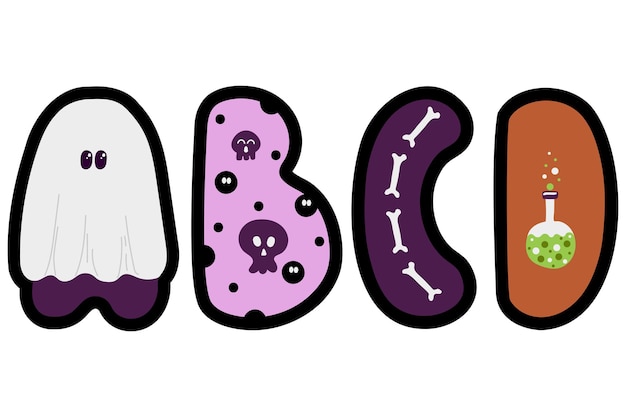 Lettres ABCD de l'alphabet anglais d'Halloween dans un style de dessin animé plat Abc avec potion d'os de crâne fantôme