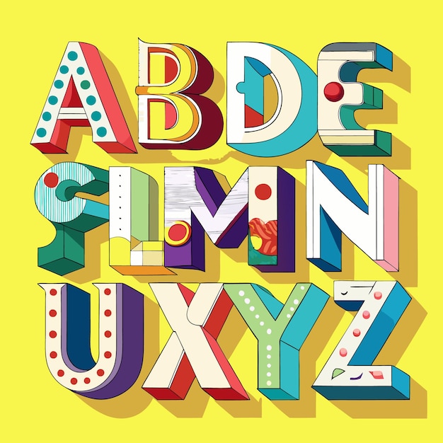 Lettres d'alphabet 3D colorées de A à Z sur un fond jaune vif