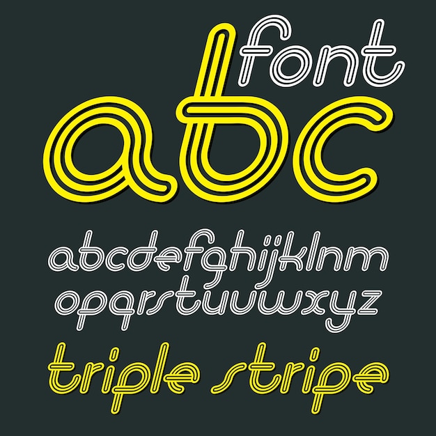 Lettres de l'alphabet anglais rétro minuscules de vecteur, collection abc. La police cursive disco cool, le script de a à z peut être utilisé dans l'art de l'affiche. Fabriqué avec une triple décoration rayée.