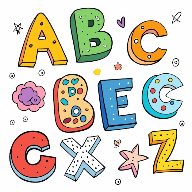 Lettres d'alphabet colorées avec des décorations de style dessin animé isolées sur fond blanc