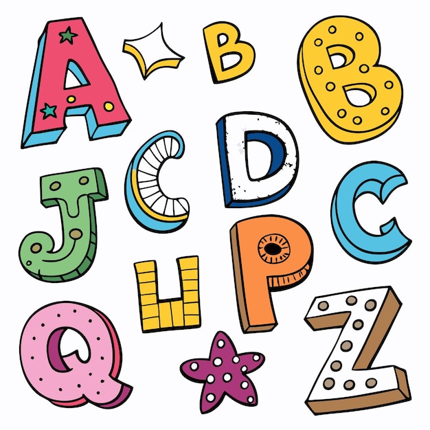 Lettres d'alphabet de dessin animé colorées avec divers éléments décoratifs