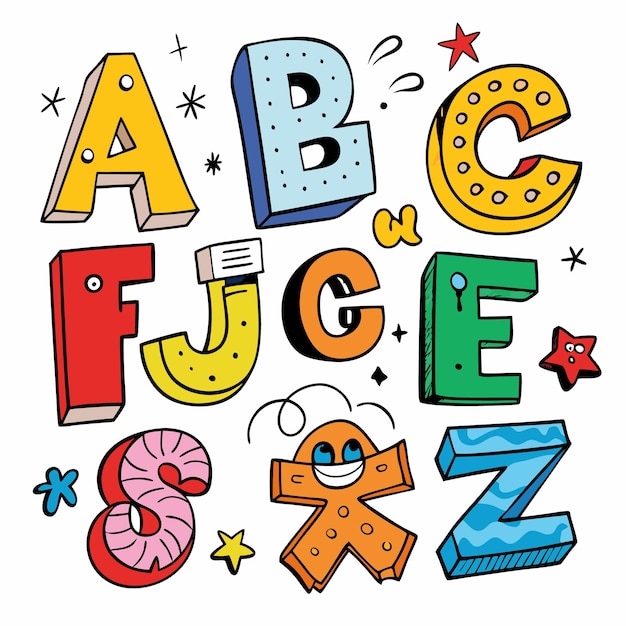 Les lettres de l'alphabet de dessin animé colorées isolées sur un fond blanc