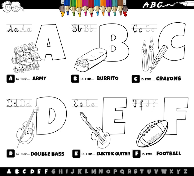 Lettres De L'alphabet De Dessin Animé éducatif Défini De A à F Page De Livre De Coloriage