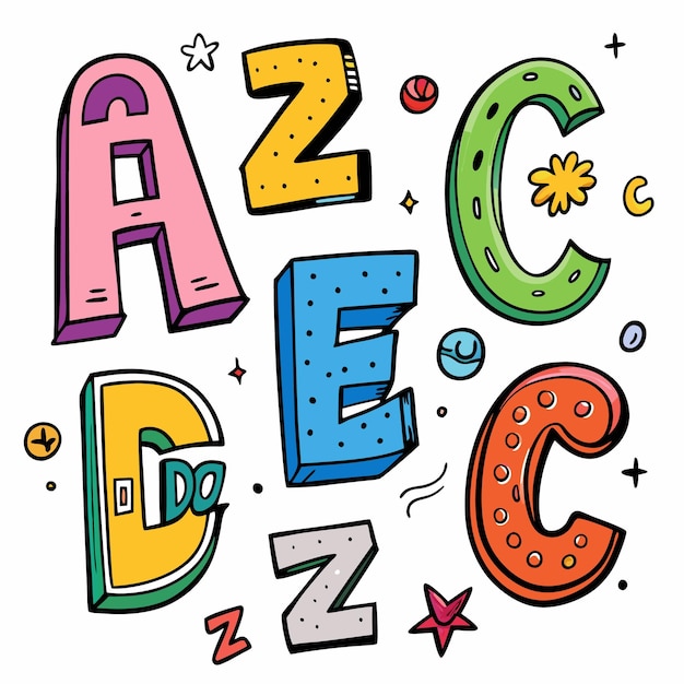 Lettres de l'alphabet dessiné à la main A C D E et Z